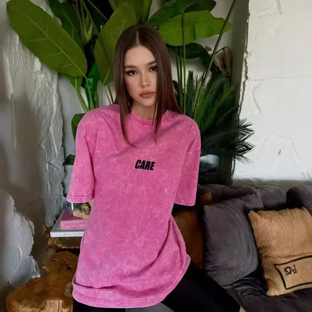 100% Cotton Washed Black CARE Letter Print Summer American Retro Simple Design Sporty Ladies Tshirt Women Casual Tops 2026 New