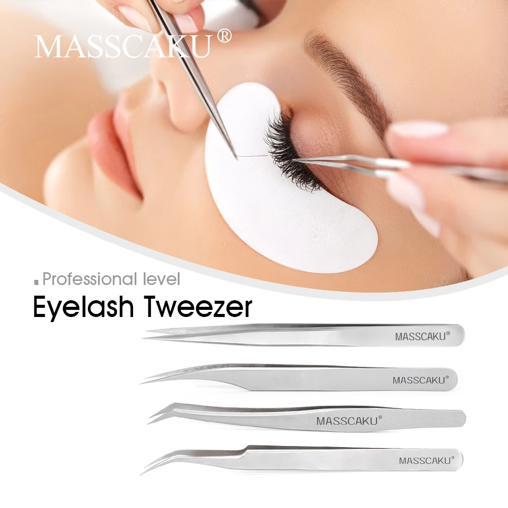 MASSCAKU 3D Volume Eyelash Tweezers Straight and Curved Set False Eyelash Extension Tweezers Eyebrow Tweezers Makeup