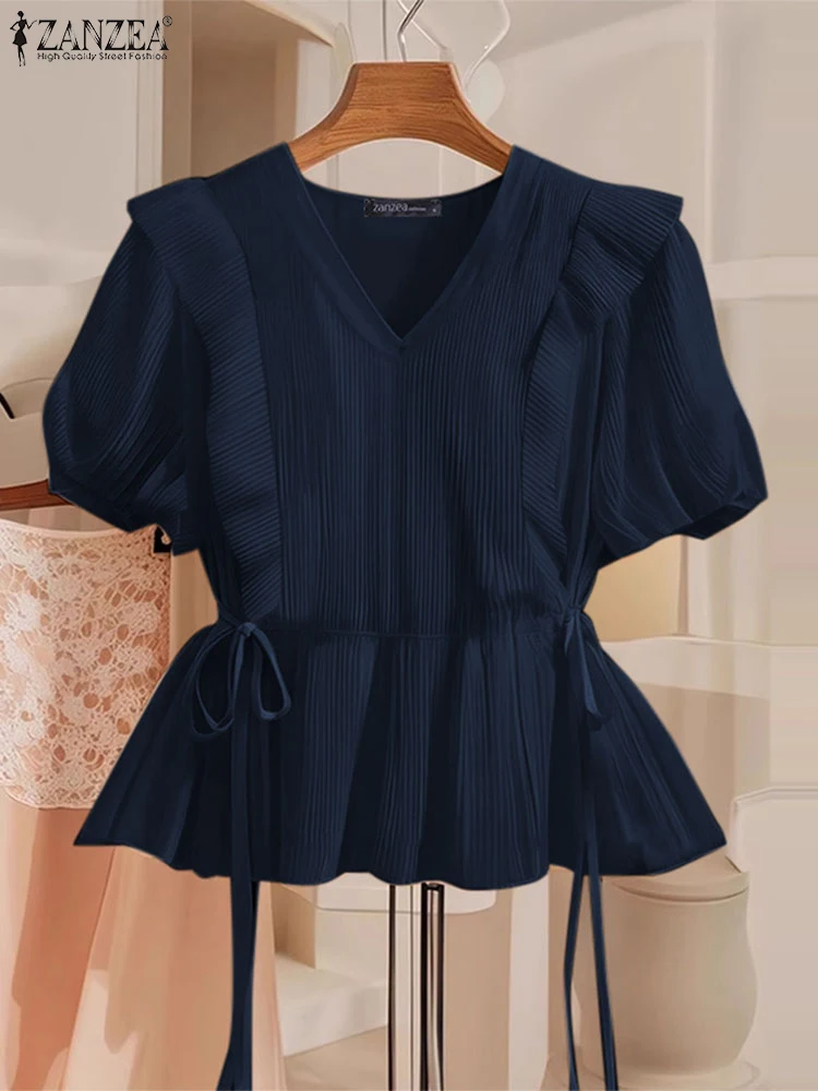 ZANZEA Casual Lace-Up Top Camicetta da donna Estate Tunica a maniche corte 2025 Camicie da lavoro OL femminili Elegante scollo a V Tinta unita Blusas
