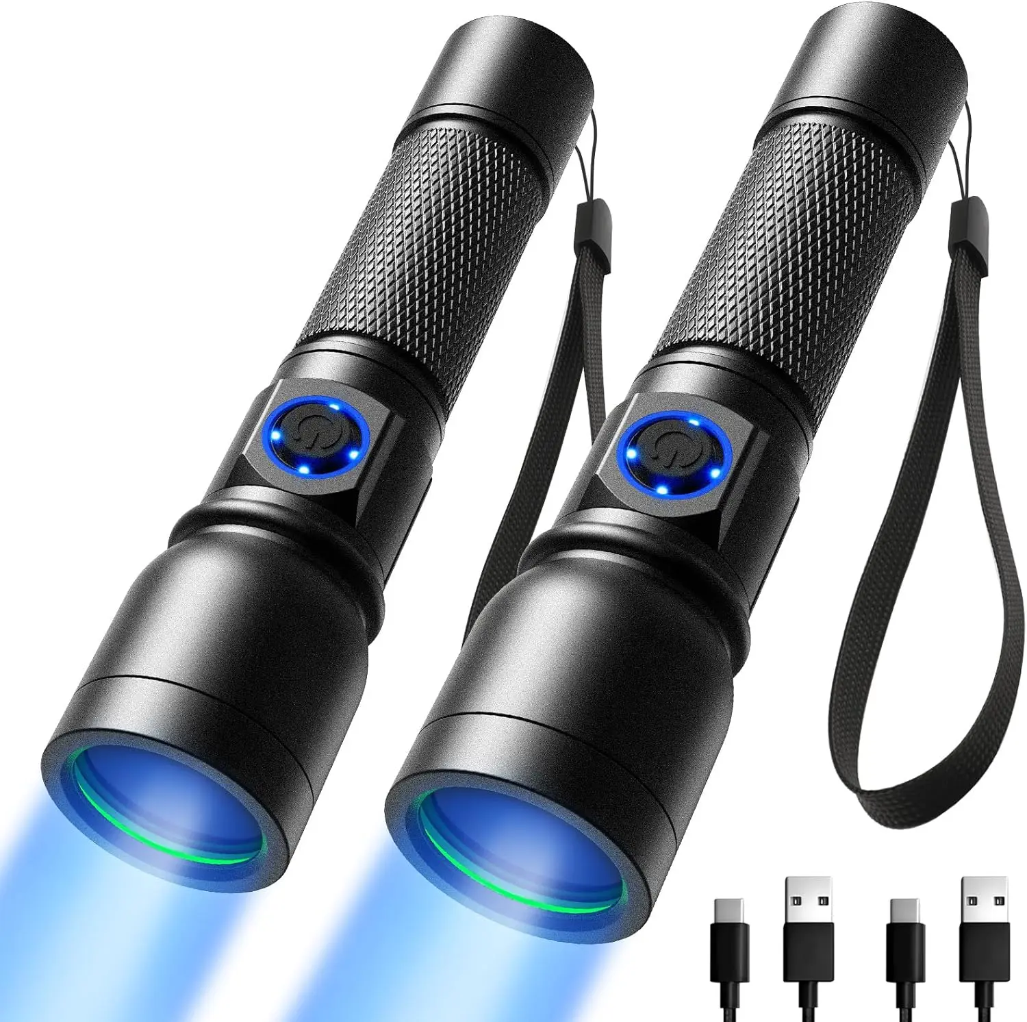 

УФ-фонарик 365 нм, светодиодный черный свет, перезаряжаемый через USB-C, портативный для пятен домашних животных, клопов, смолы и ногтей, 2 шт.