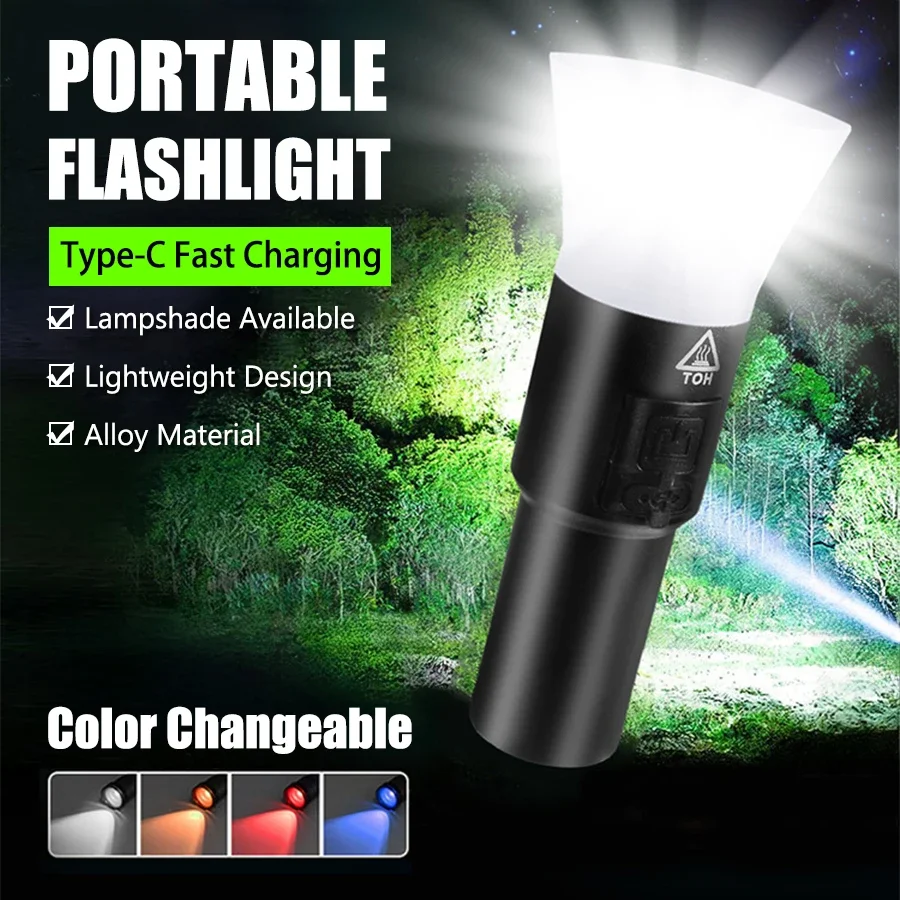 New Mini Powerful Flashlights Type C Rechargeable Tactical Flashlight High Power Three Color LED Camping Torch with Tail Magnet