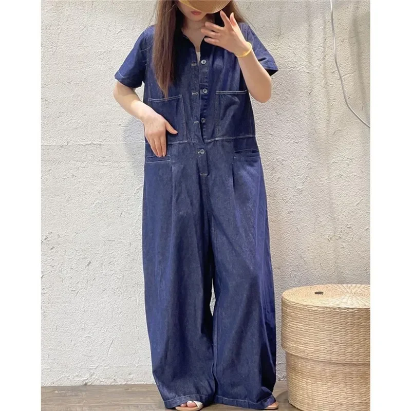 

2025 New Summer Casual Loose Short Sleeve Denim Jumpsuit Women Korean Fashion Wide Legs Pockets Literary High Waist Jumpsuits