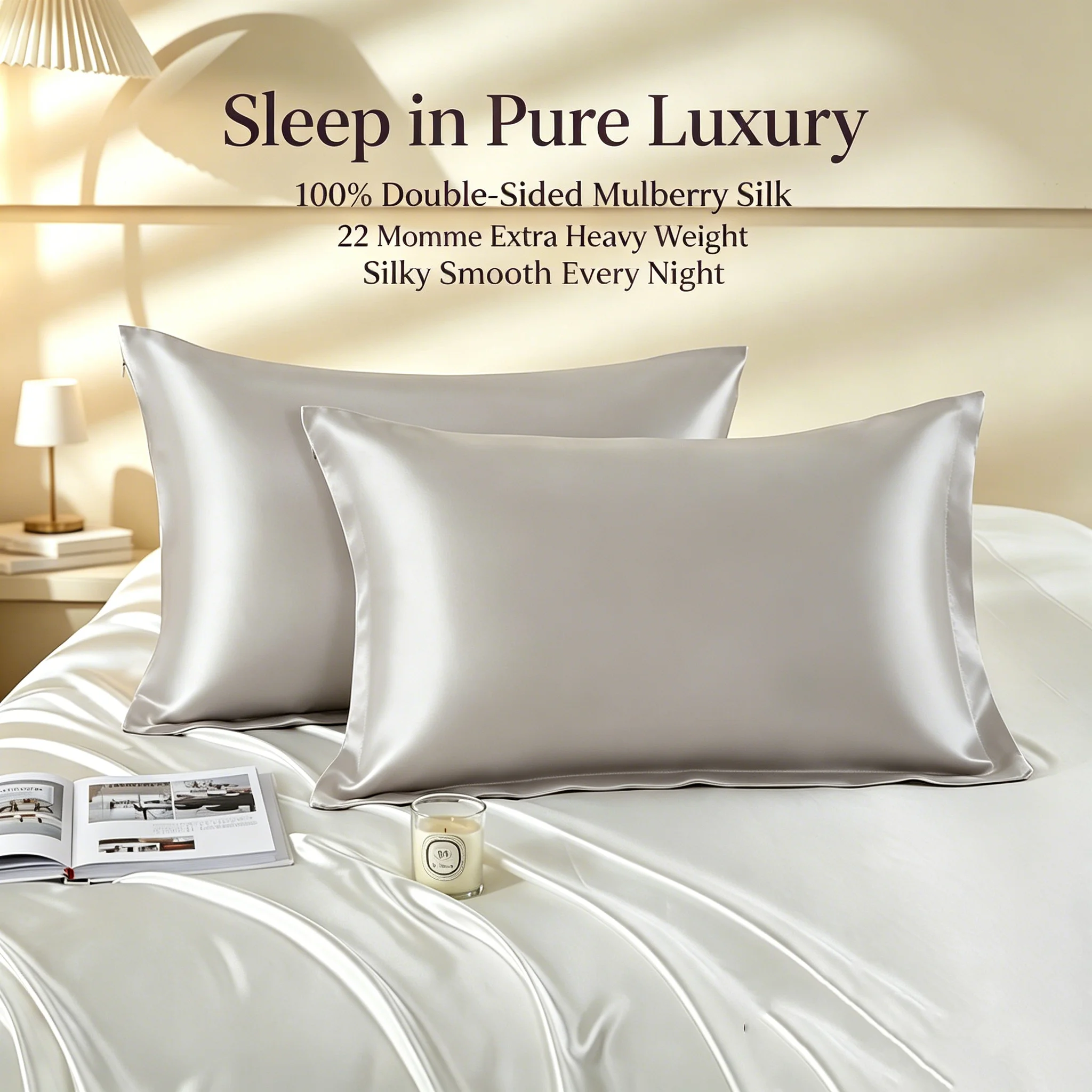 100% Mulberry Silk Pillowcase 22 Momme Double Sided 6A Grade Envelope Closure Silk Pillow Cover Hypoallergenic for Hair and Skin