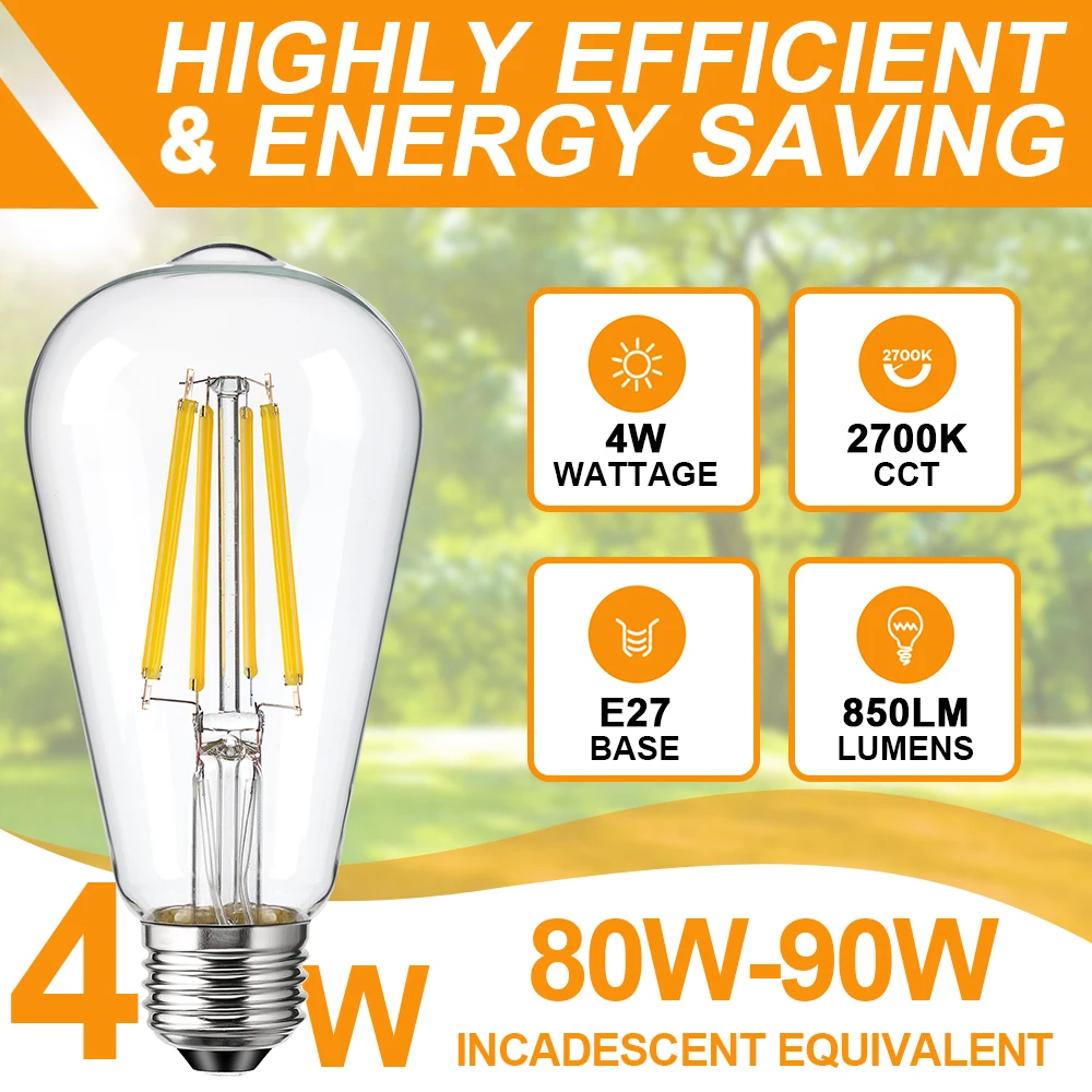 

E27 Vintage LED Edison Filament Bulb ST64 4W 850LM Light Bulbs 2700K 220V Clear Glass 360 Degree Beam Energy Light Lamp