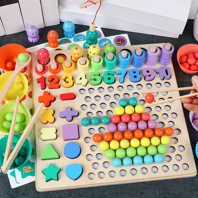 Kids Educational Toys  Montessori Wooden Puzzle Board Math Game Toys Hands Brain Training Clip Beads Early for Children