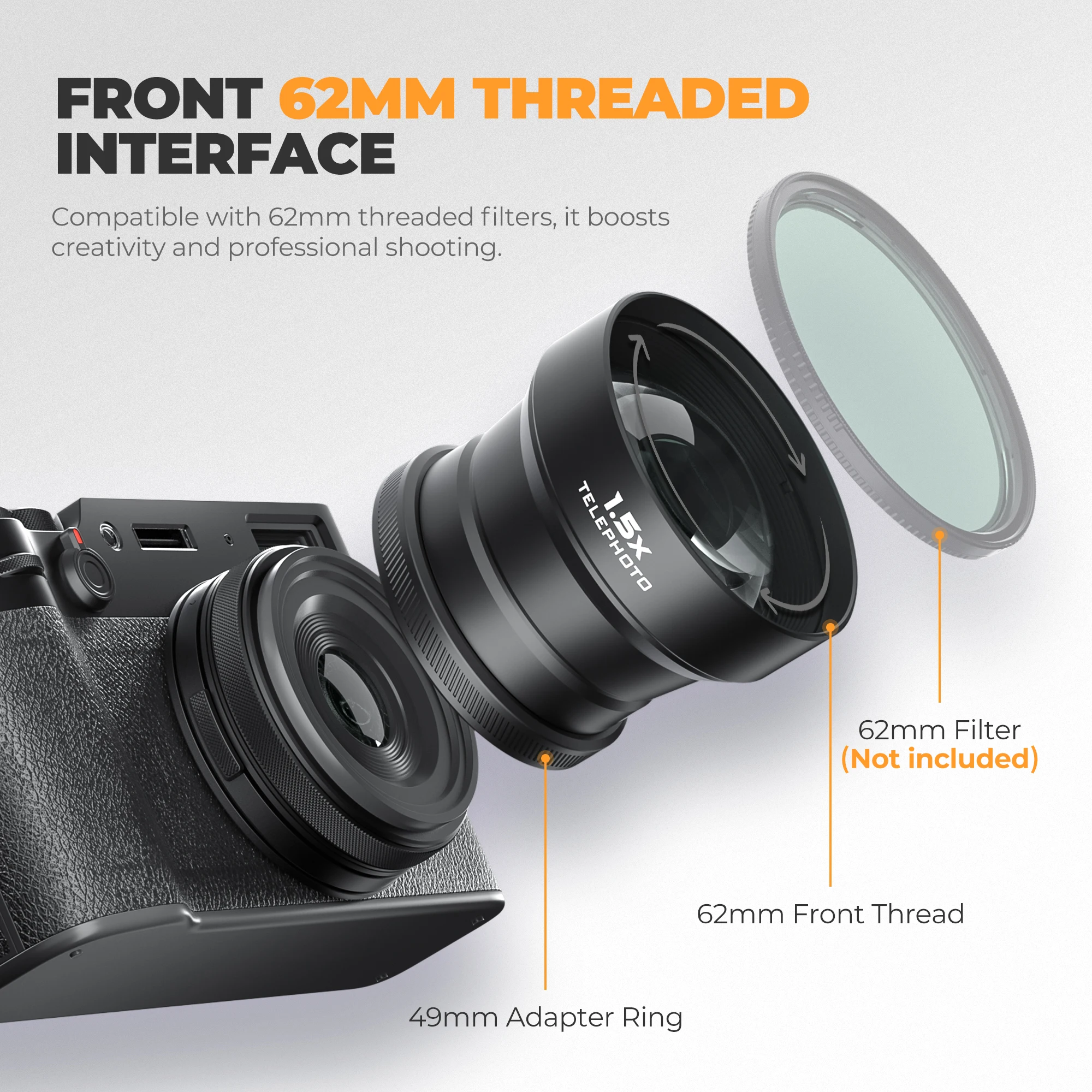 كاميرا Freewell Fuji X100VI عدسة مقربة 1.5x، عدسة ماكرو بزاوية واسعة، غطاء عدسة حقيقي، قبضة الإبهام وملحقات قبضة قوس L