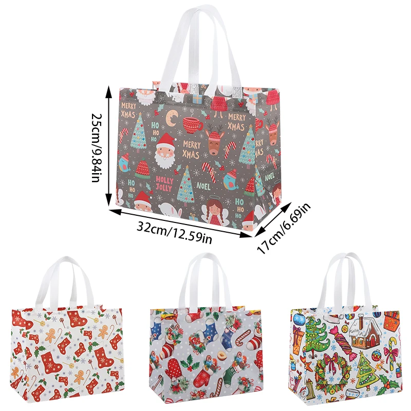 4/8pcs Christmas Tote Bags with Handles Xmas Non-Woven Gifts Bags Santa Snowman Treat Bags Navidad Party Decorations Natal Noel