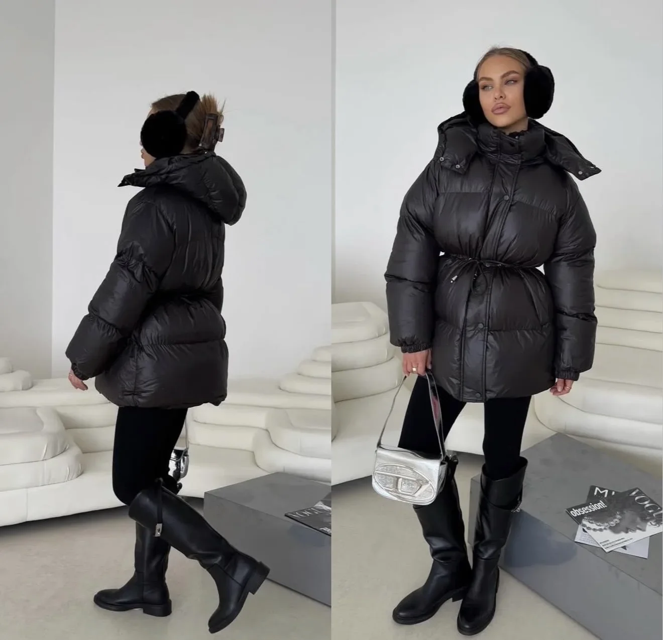 Women Streetwear Hooded Puffer Jacket Fall Winter Drawstring Waist Quilted Padded Coat Warm Parkas Outerwear куртка женская