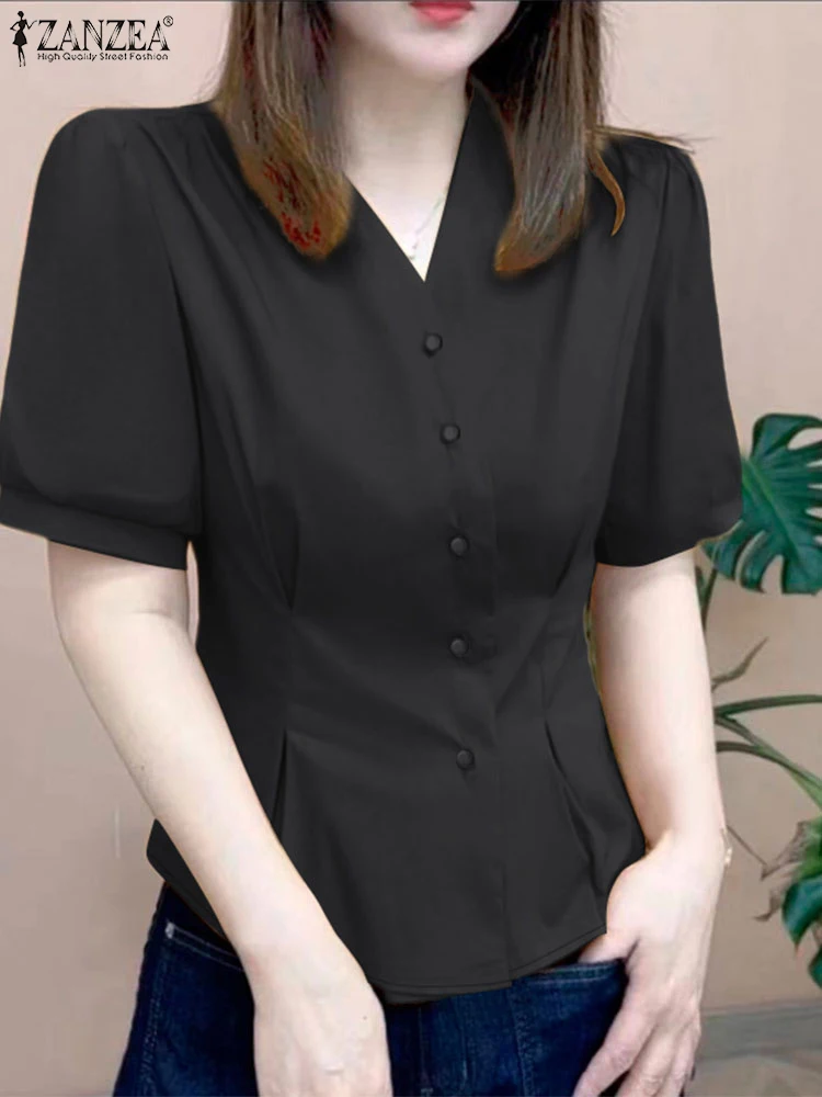 

ZANZEA Elegant V-Neck Tops Fitted Waist Commute Office Fashion Women Pleated Blouses Summer Button Up Short Puff Sleeve Shirts