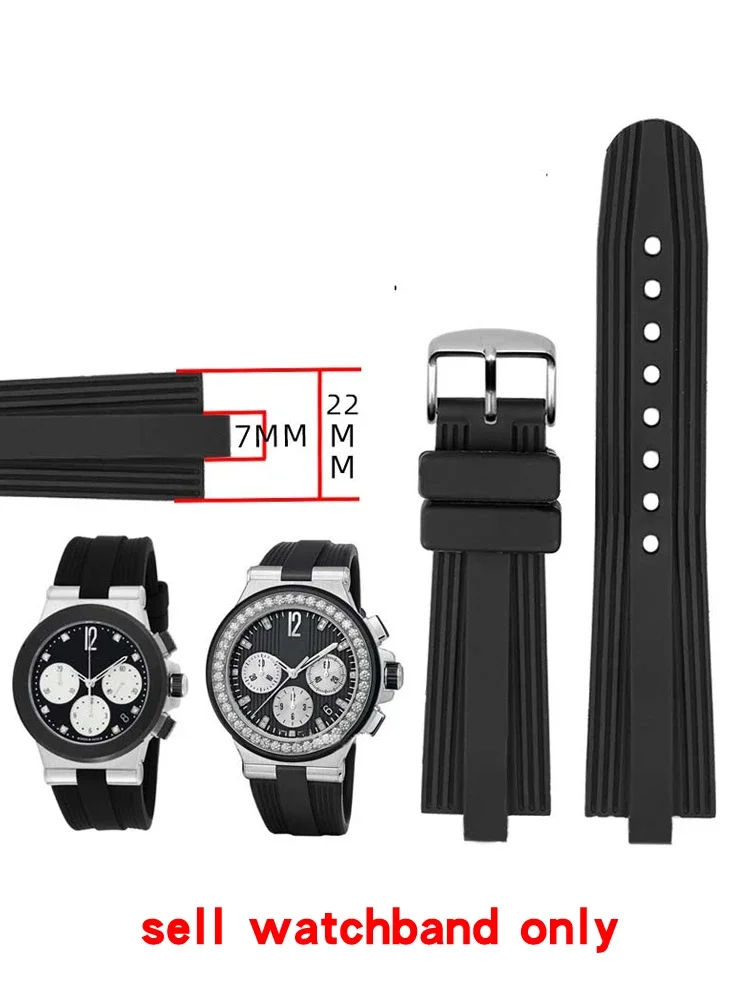 Silicone Watchband for Bvlgari Diagono Series Convex Interface Waterproof  Men 22mmx7mm Black Rubber Watch Strap Accessories