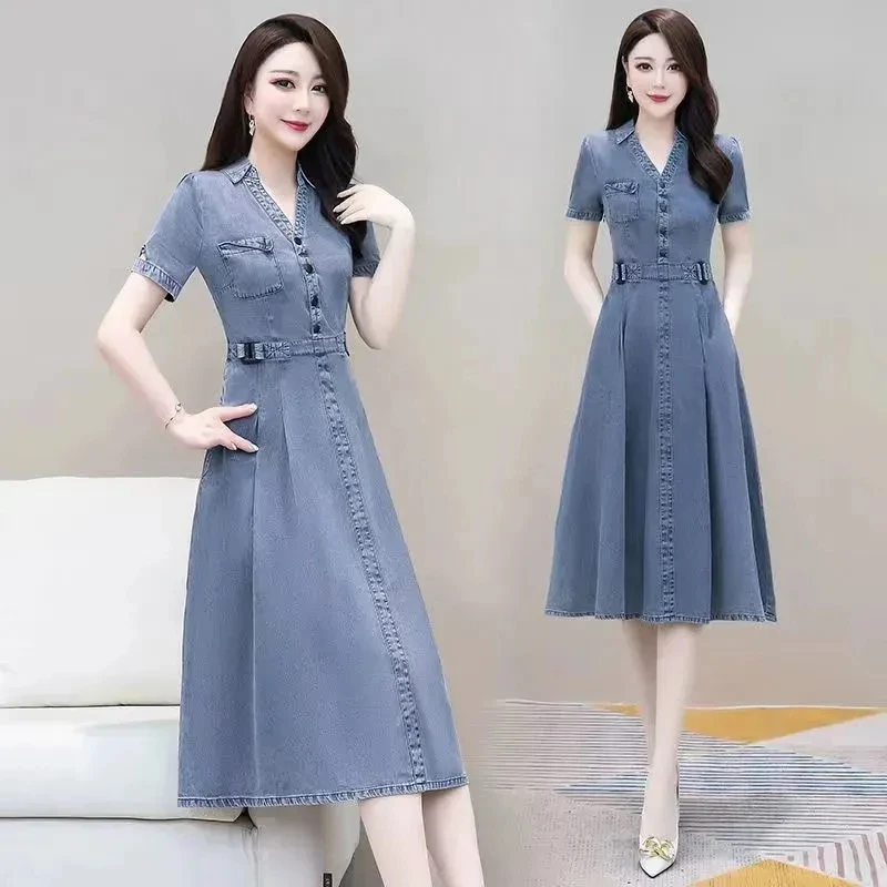 Women's Long A-line Denim Dress, Slim Jeans Dresses, Female V-neck, Large Size, Temperament, Spring, Summer, New, Fashion, 2023