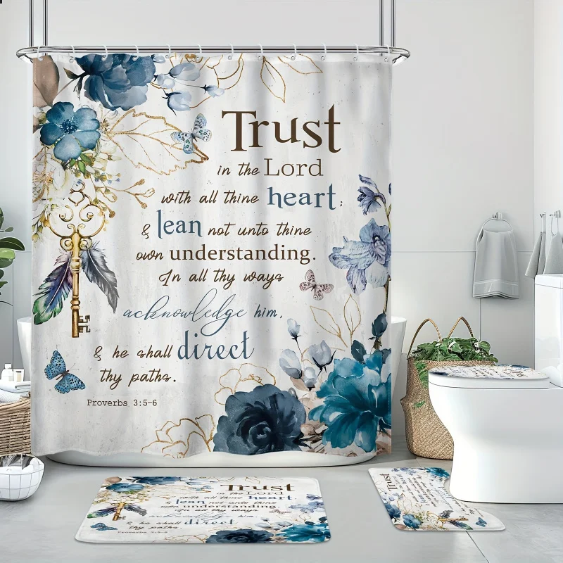 4-piece Bible verse bath set, blue floral and butterfly motif, modern waterproof bathroom accessories with 12 hooks, non-slip ma