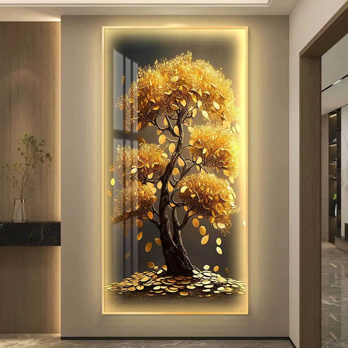 

LED Fortune Tree Mural Lamp with Remote Control | Crystal Porcelain Indoor Painting Light for Entrance Decoration