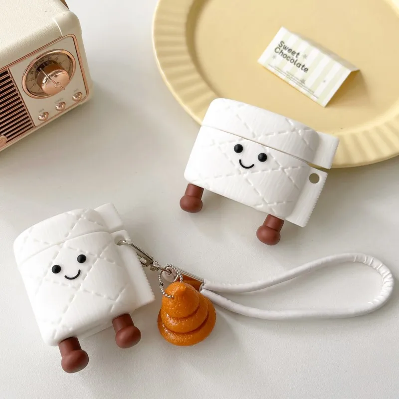 3D cute smiley face paper stool pendant fun earphone cover For AirPods1 2 3 4 Pro3 Pro2 Earphone case anti-drop and shock-proof