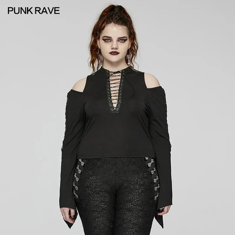 

PUNK RAVE Women's Gothic Sexy Deep V T-Shirt Daily Hollow Arm Elastic Drawstrings Club Dark Cropped Bodice High Waistline Tops