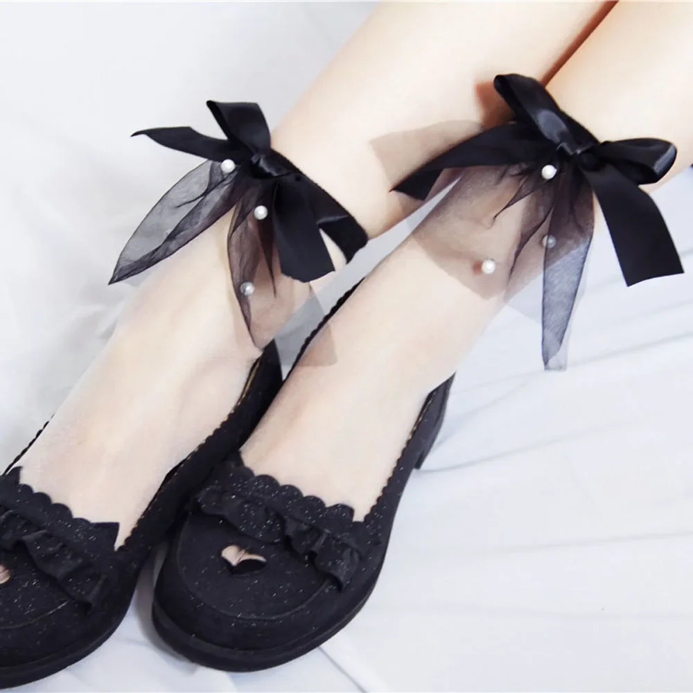 

Summer Fresh Thin Mesh Glass Yarn Solid Colors Bow Pearl Lace Short Socks