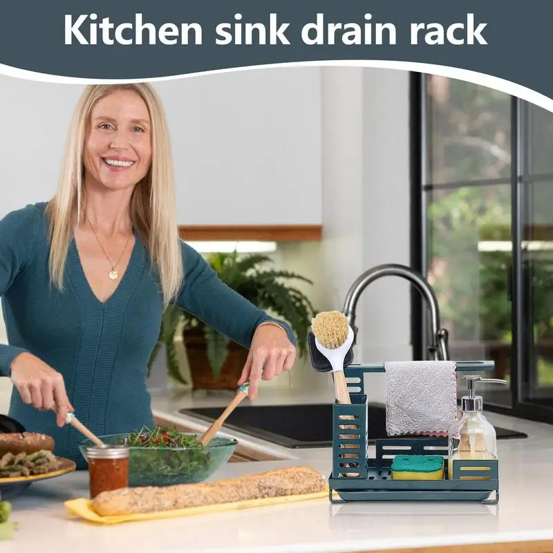 

Kitchen Sink Rack Dish Drying Rack Sink Organizer Carbon Steel Height Adjustable Kitchen Accessories Sponge Holder With Drain