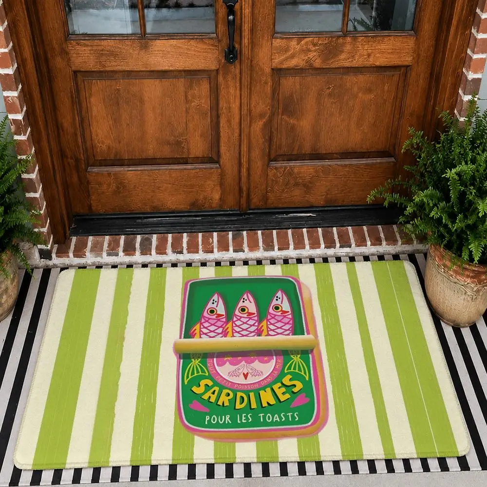 Checkered Sardine Tin Art Floor Mat Flannel Rug Non Slip Absorbent Soft Washable For Entryway Hallway Bathroom Kitchen Decor