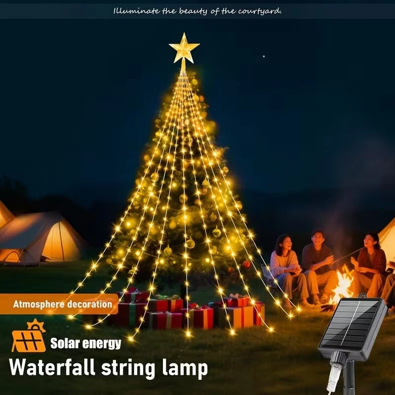 Solar Christmas Lights 3M 280 LED Star Waterfall Lights 8 Modes Outdoor Waterproof Tree Yard Garden Decor Warm White Colorful