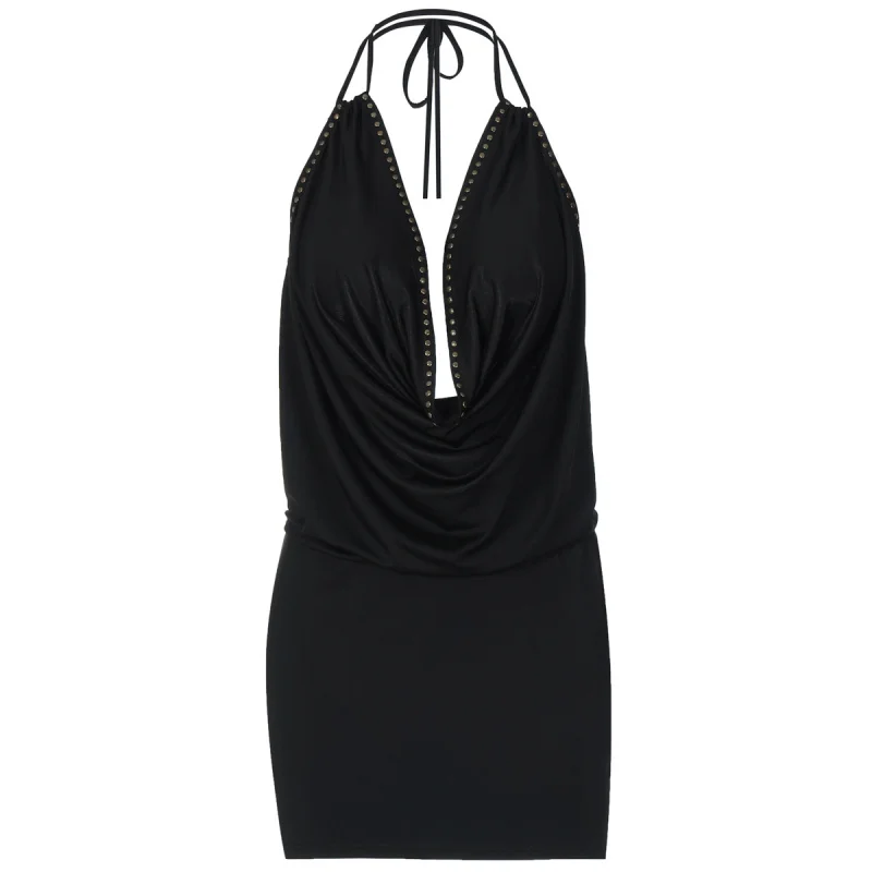 Summer New European and American Deep Splicing Backless Street Style Bodycon Halter Dress Women's Fashion