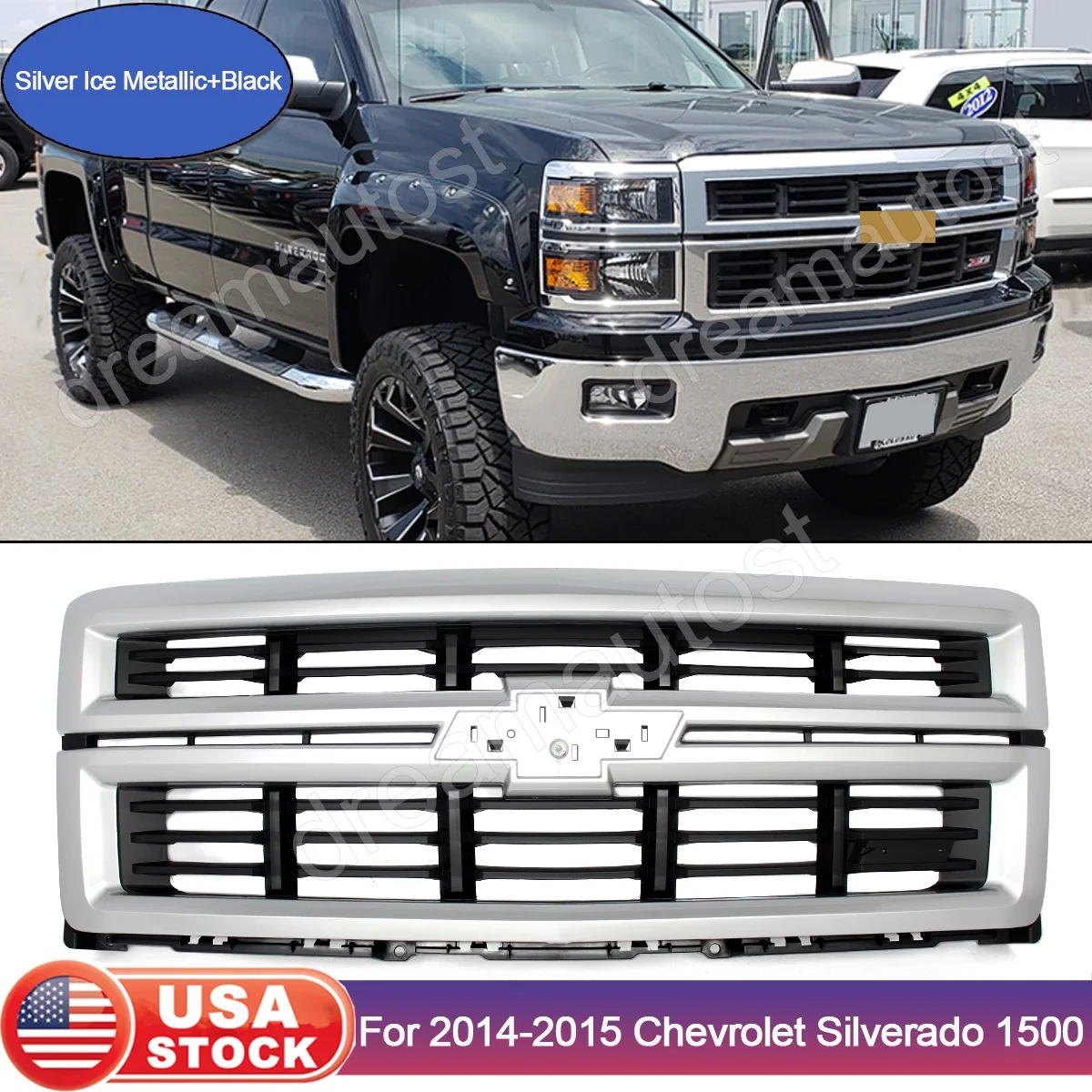 

Fit For 2014-2015 Chevrolet Silverado 1500 Front Upper Grille Silver Ice & Black