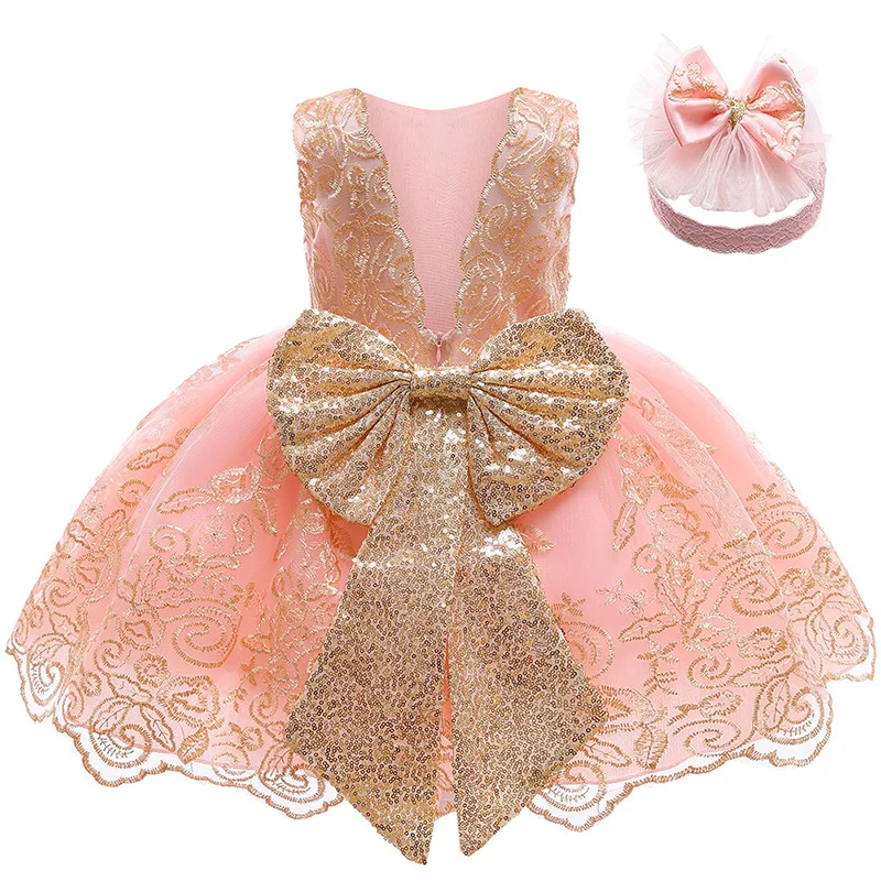 Baby Dress Summer New Children's Wear Mesh Lace Splice Bow Girl Princess Dress Birthday One Year Baby Party Girl Baby Dress