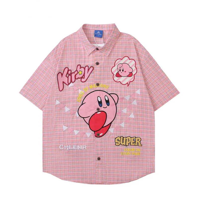 

HELLOMARCEL Top Quality Streetwear EU US Size Y2K Cute Fun Cartoon Embroidered Unisex Loose Casual Plaid Short Sleeve Shirt