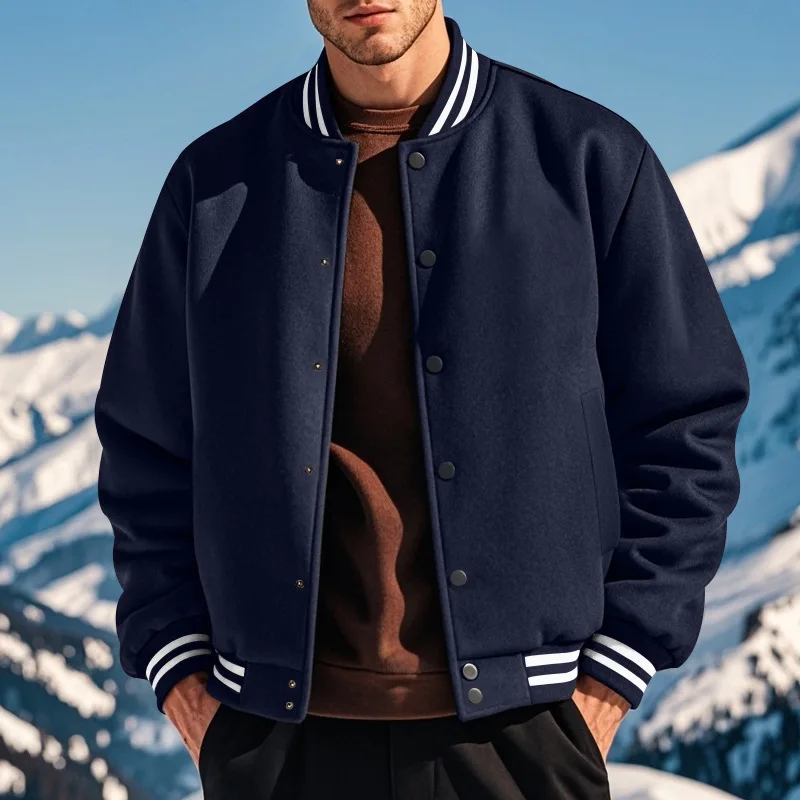 

Men's baseball jacket autumn and winter fleece American solid color loose casual stand-up collar single-breasted flight jacket