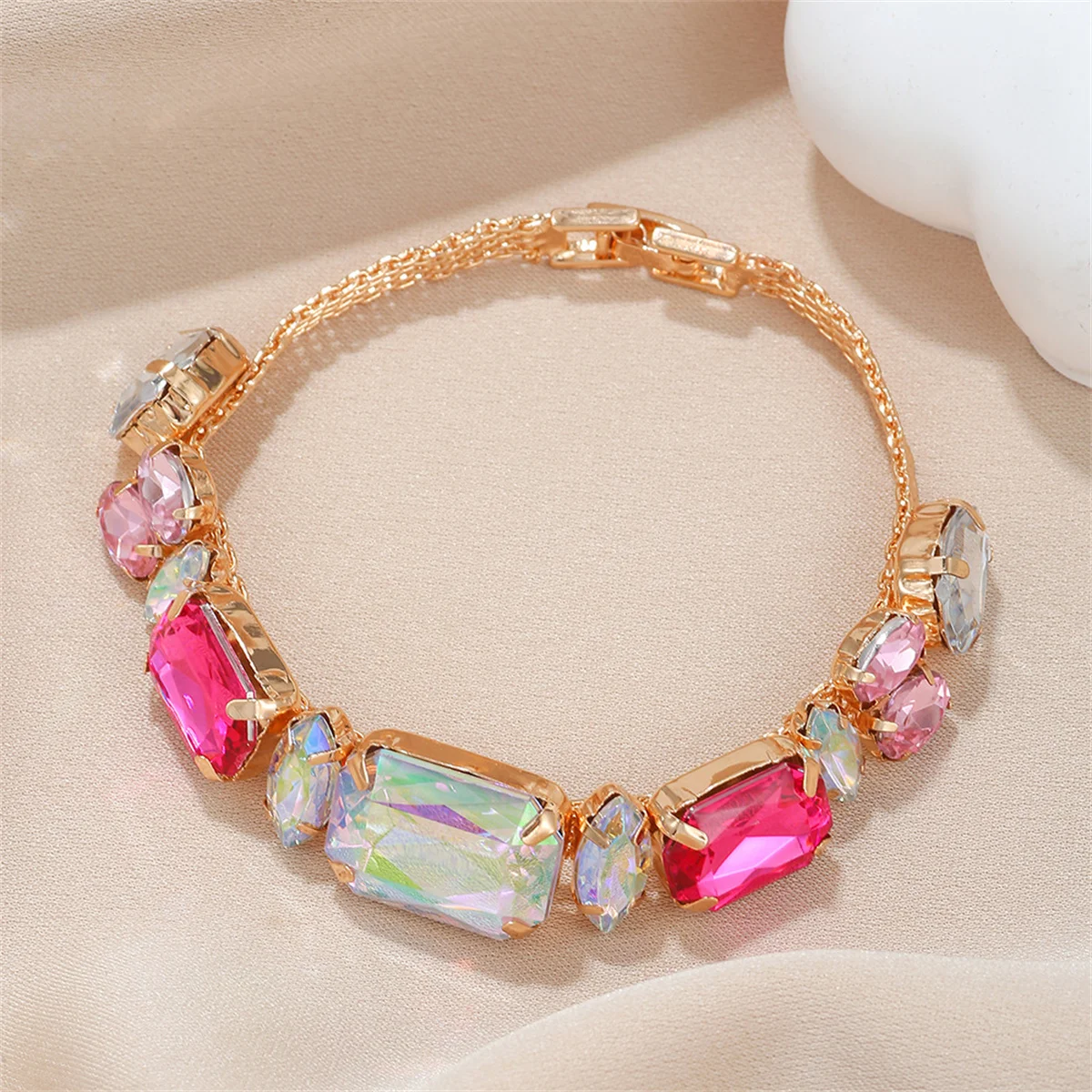 أساور كريستال مربعة الشكل لحفلات الزفاف، أساور سلسلة يدوية ملونة متألقة للنساء والفتيات المراهقات