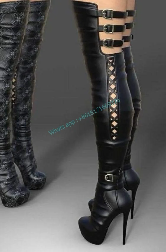 Buckle Hollow Platform Sexy Thin High Heel Boots Women Thigh High Club Party Boots Leopard Shoes Evening Fashion New Style Lady