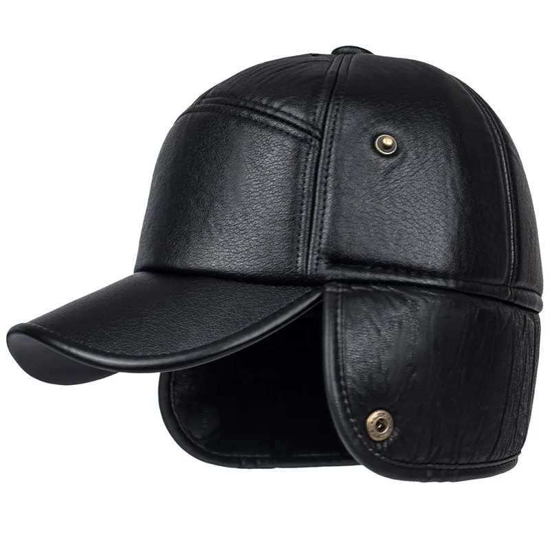 Winter Leather Cap with Ear Flaps Plush Lined Thermal Warm Windproof Cold Weather Baseball Hat for Men Women Outdoor Activities