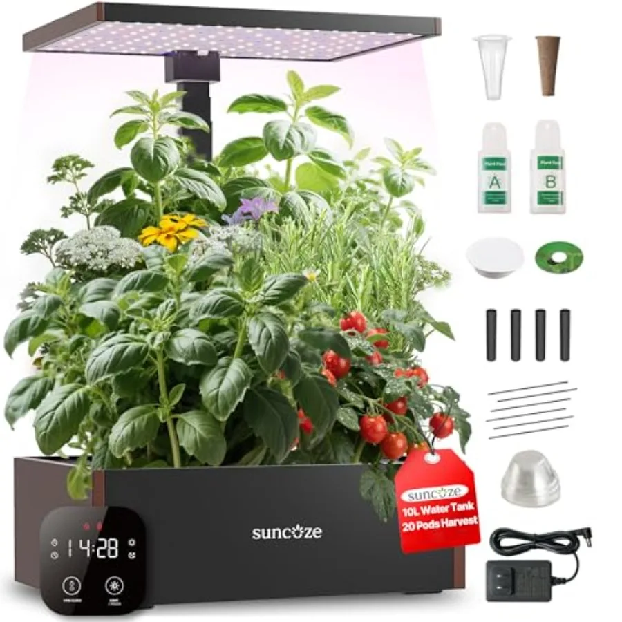 Indoor herb garden hydroponics kit with black ABS plastic, black color, 20-pod capacity, 30W full-spectrum LED grow light, 10L