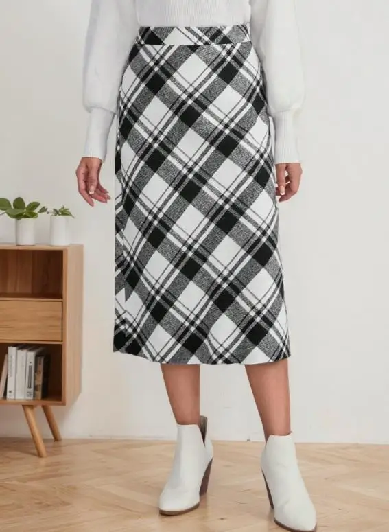 2025 ريترو موضة مزاجه منقوشة تنورة الخريف المرأة النمط الكلاسيكي المألوف سليم صالح عالية الخصر الدافئة ألف خط تنورة طويلة