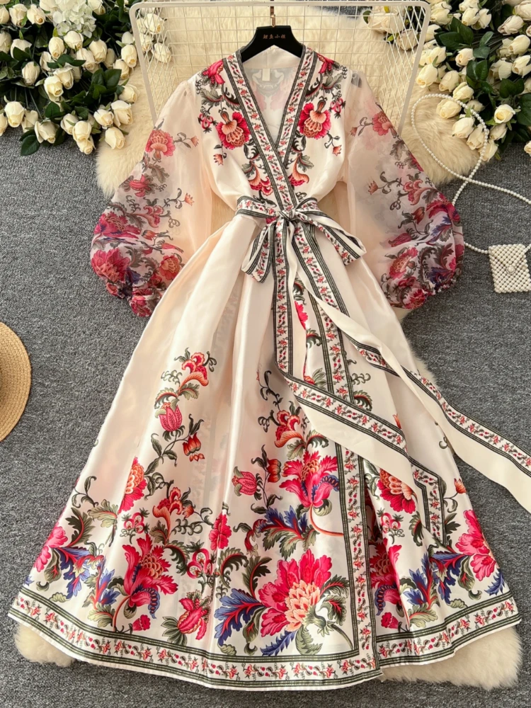 Vintage V Neck Dress Women 2024 Vestidos De Mujer High Waist Print Tunic Bandage Robe Femme Big Swing Elegant Maxi Dresses Wj