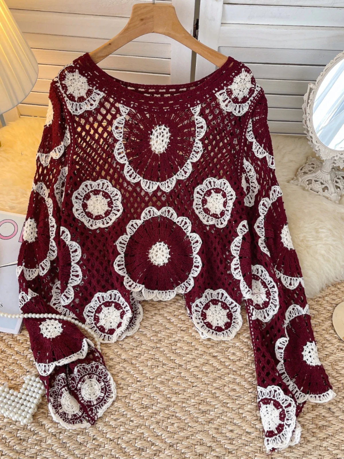 

Bohemian Style Knitted Top Women's Loose Hollow out Fashionable Autumn Sweater Korean Version Long Sleeve Crew Neck