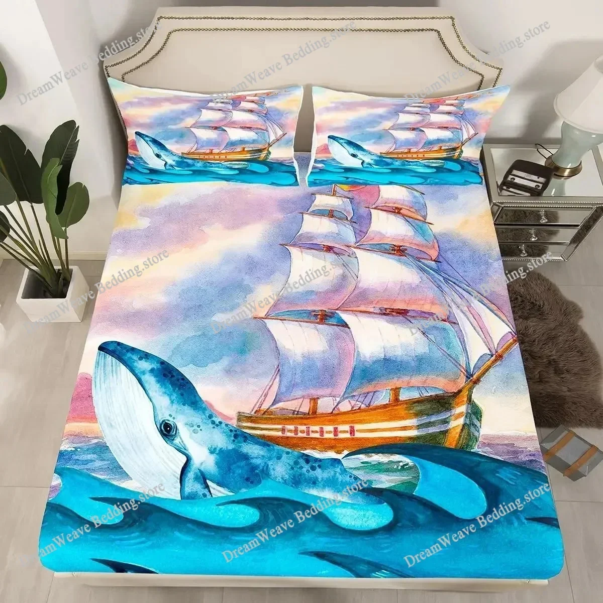 Whale Comforter Cover Twin Size,Ocean Theme Bedding Set for Kids,Nautical Sailing Quilt Set Ocean Duvet Set Ocean Decor