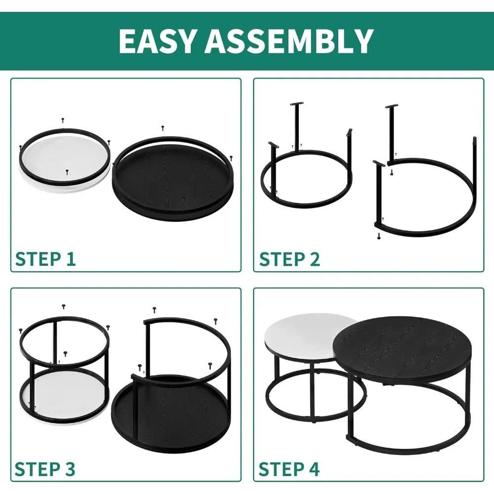 Ensemble de 2 tables basses gigognes, table basse ronde pour salon, tables basses en bois avec cadre en métal robuste, noir et blanc