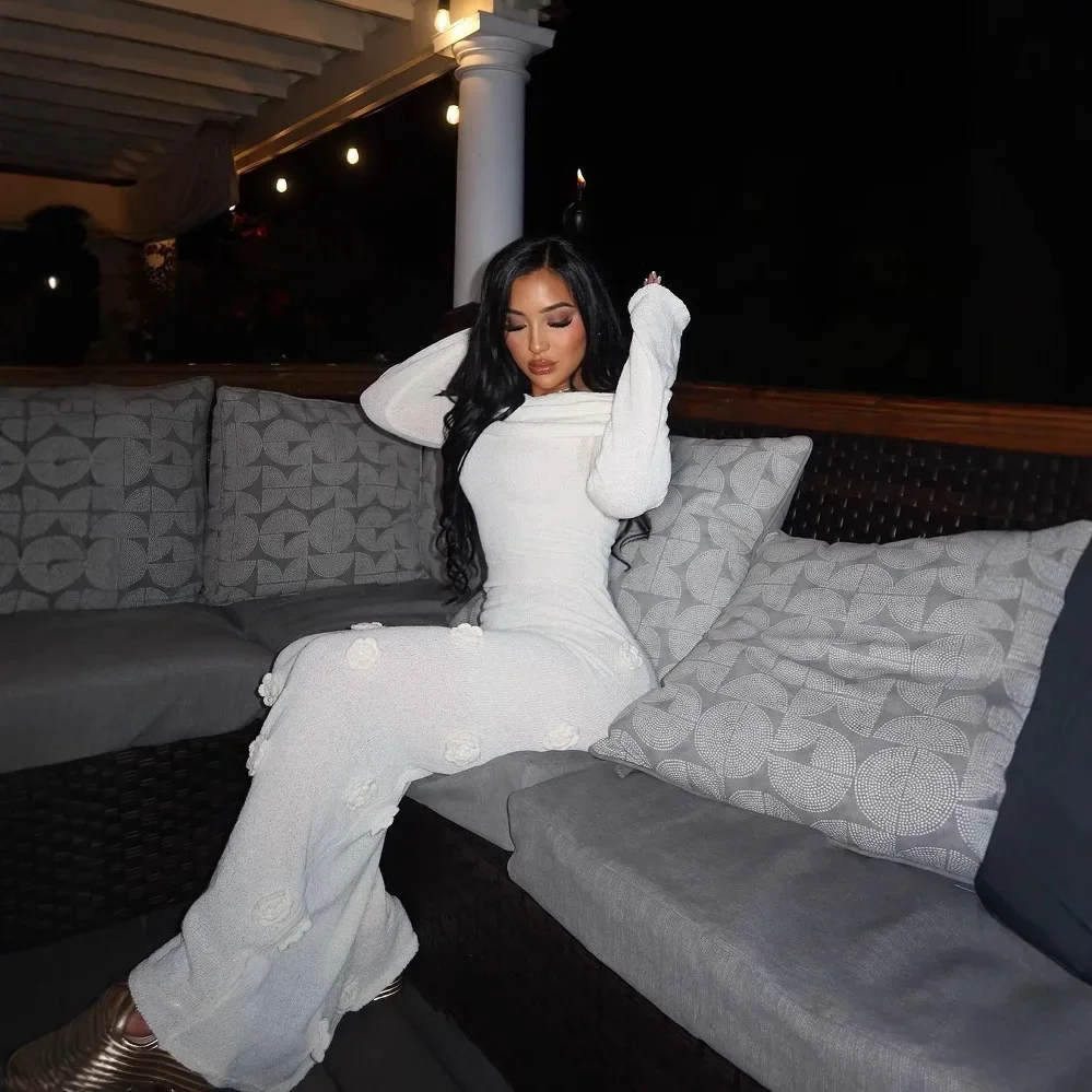 Elegancka sukienka maxi z odkrytymi ramionami, kwiatami 3D, dla kobiet, z długim rękawem, w jednolitym kolorze, dopasowana, na imprezę, do klubu, na wieczór, na studniówkę.