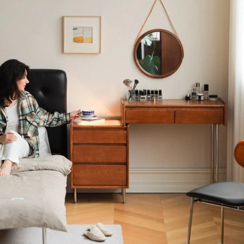 

Solid wood dresser, cherry wood retractable desk cabinet, medieval retro bucket cabinet, bedside table, makeup table integrated