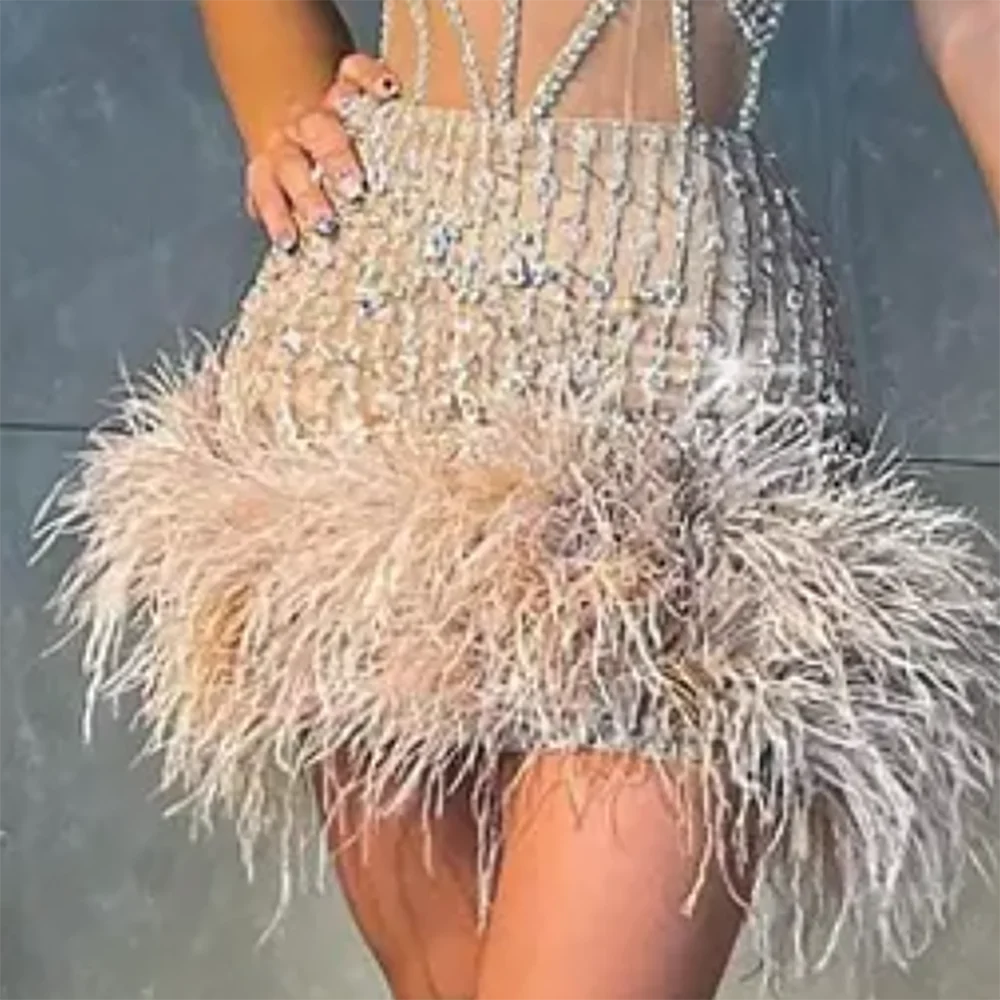 Sexy halter beading lantejoulas sem mangas pena mini formal vestidos de noite festa de aniversário vestidos de baile personalizado