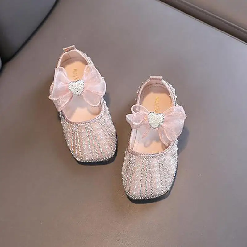 AINYFU New Girls Single Princess Shoes Children\'s Lace Bow Flat Party Dance Shoes Kids Soft Bottom Shiny Pearl Leather Shoes H42