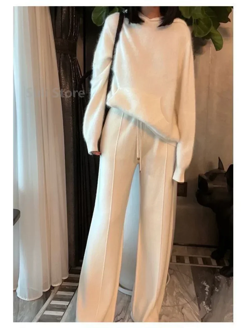 Women\'s Wool Wide-Leg Pants Fall/Winter High Waist Drooping Slimming Casual Loose Straight Knit Mop Trousers Outer Wear