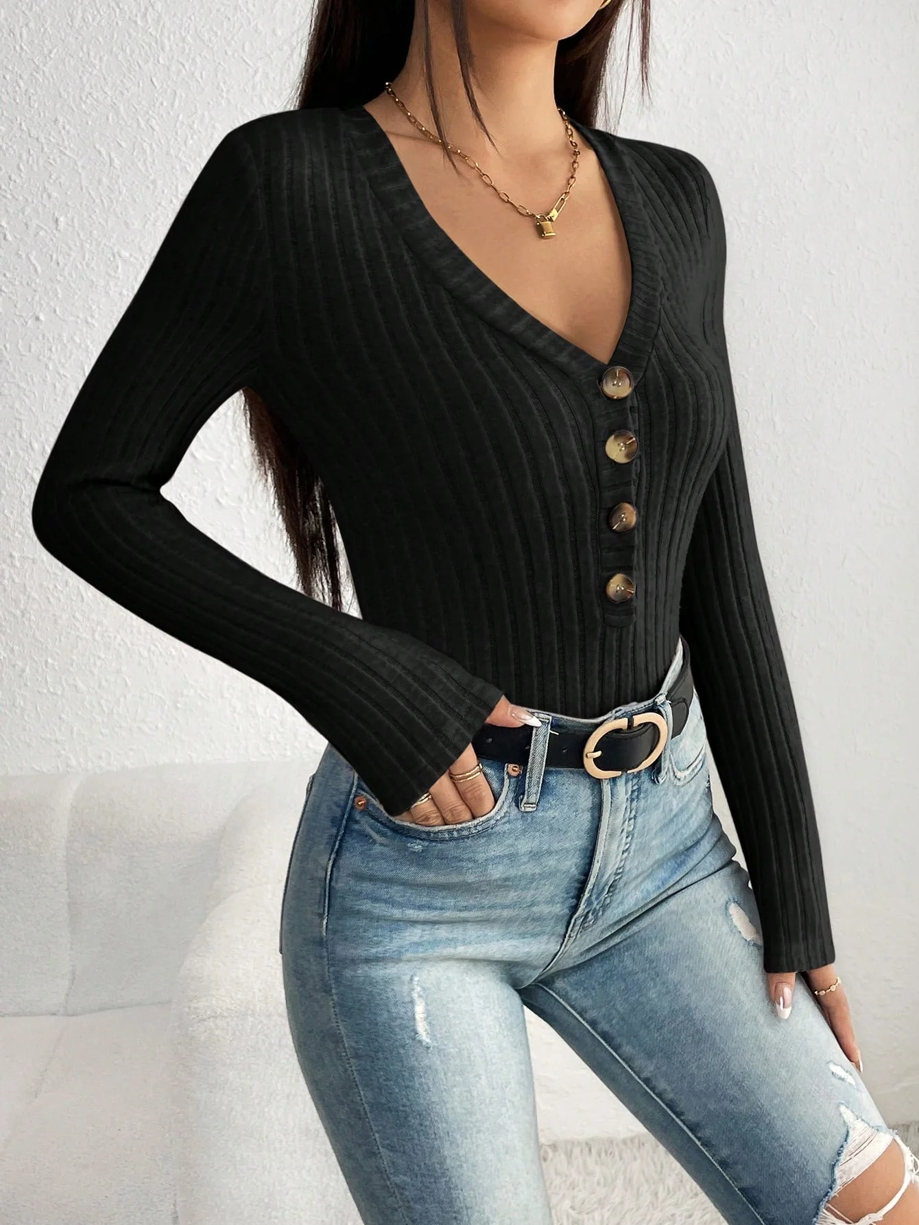 بذلة بأكمام طويلة ورقبة على شكل حرف V لخريف وشتاء #5