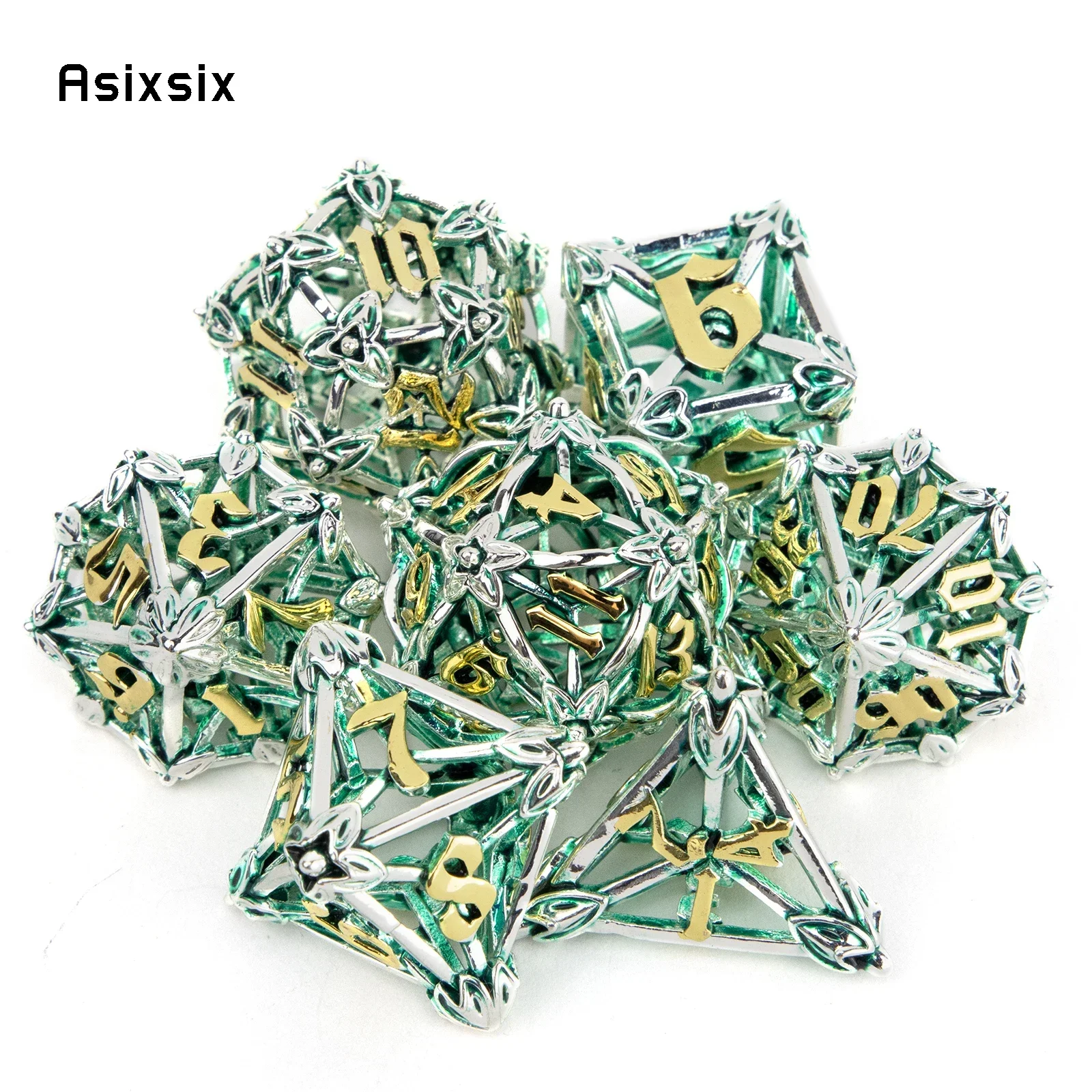 

7 Pcs Silver Green Leaf Flower Metal Dice Hollow Metal Polyhedral Dice Set Suitable for Role-Playing RPG Board Game Gift