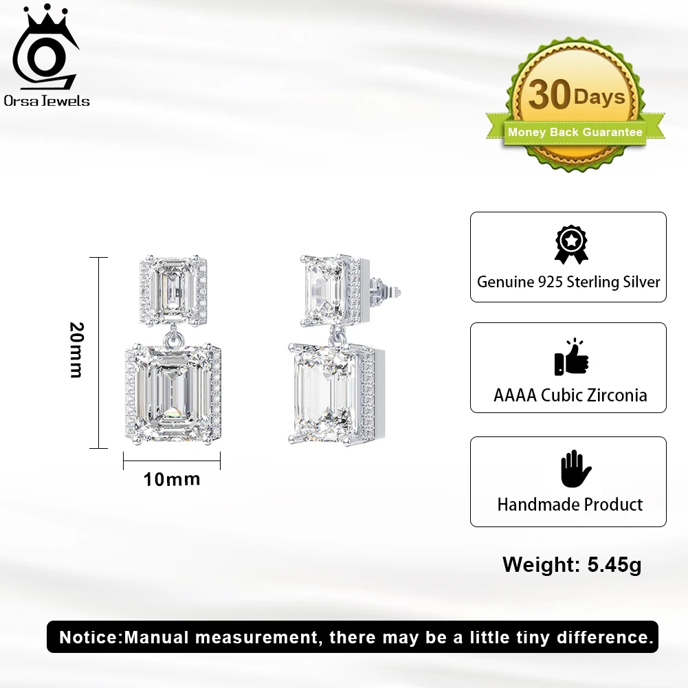 ORSA JEWELS Exquisite 925 Sterling Silver Luxury Emerald Cut AAAA Zirconia Stud Earrings for Women Shiny Wedding Jewelry SE377
