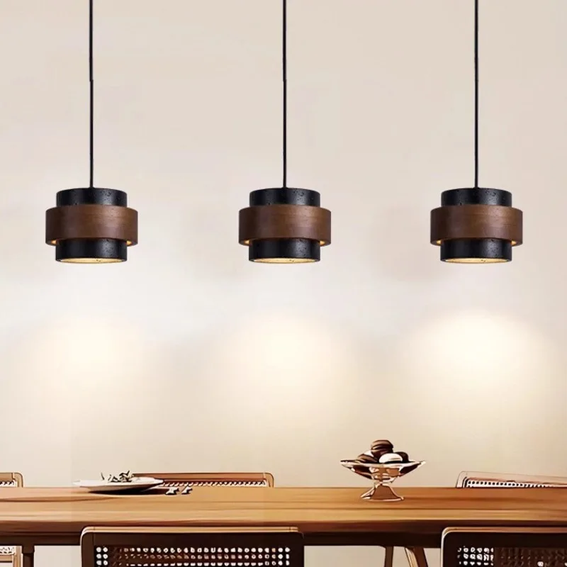 Nordic Wabi Sabi Cream Style Walnut Finish Travertine Pendant Light for Dining Room Bar Bedroom