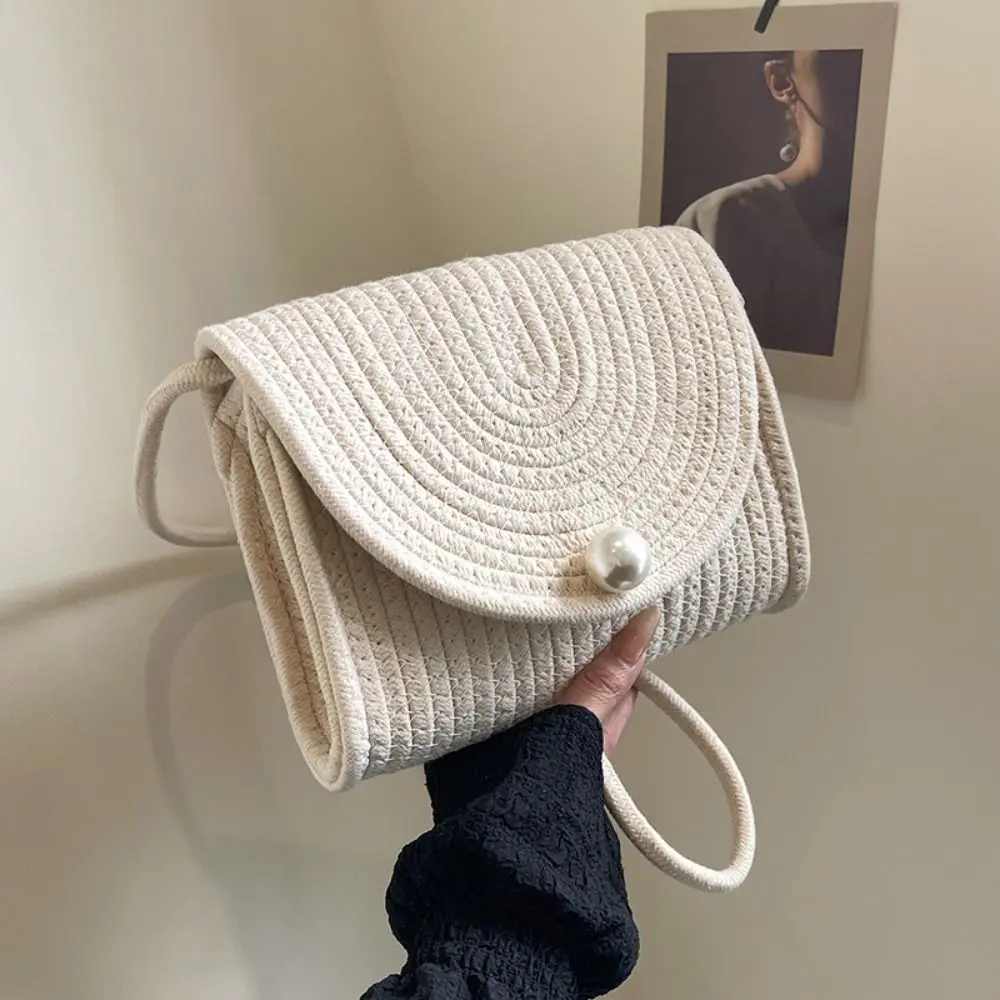 

Casual Hollow Weave Straw Bag Cotton Rope Beach Handbag Beach Bag Bohemian Style Large Capacity Raffia Shoulder Bag Travel