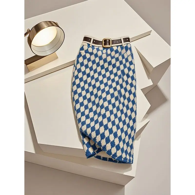 

Ladies Elegant Plaid A-line Skirt Autumn Winter Slim High Waist Knitting Long Dress Women's Clothing Fashionable Skirts 2024 New