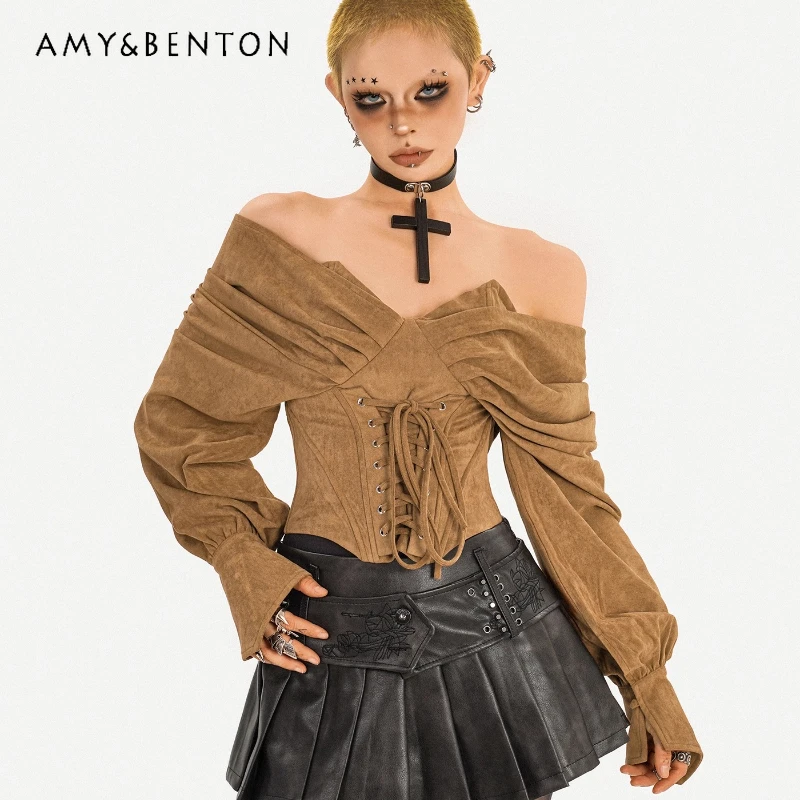 Gothic Retro Hot Girl Sexy Off-Shoulder Fishbone Women's Tube Top 2025 Autumn New Design Tie Slimming Long Sleeve Shirts Ladies