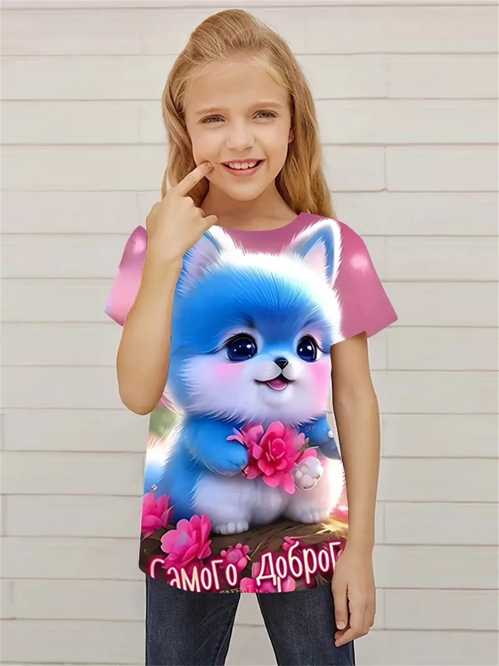 Kinderkleidung T-Shirts für Mädchen 3D Kätzchen Tops Kinder Sommerkleidung Trendige Mädchenkleidung Rundhals Tops T-Shirts für Mädchen